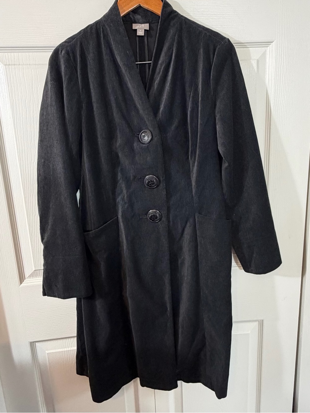 J Jill Cotton Blend Velvet feel Fit Flare Coat Charcoal black womens Small